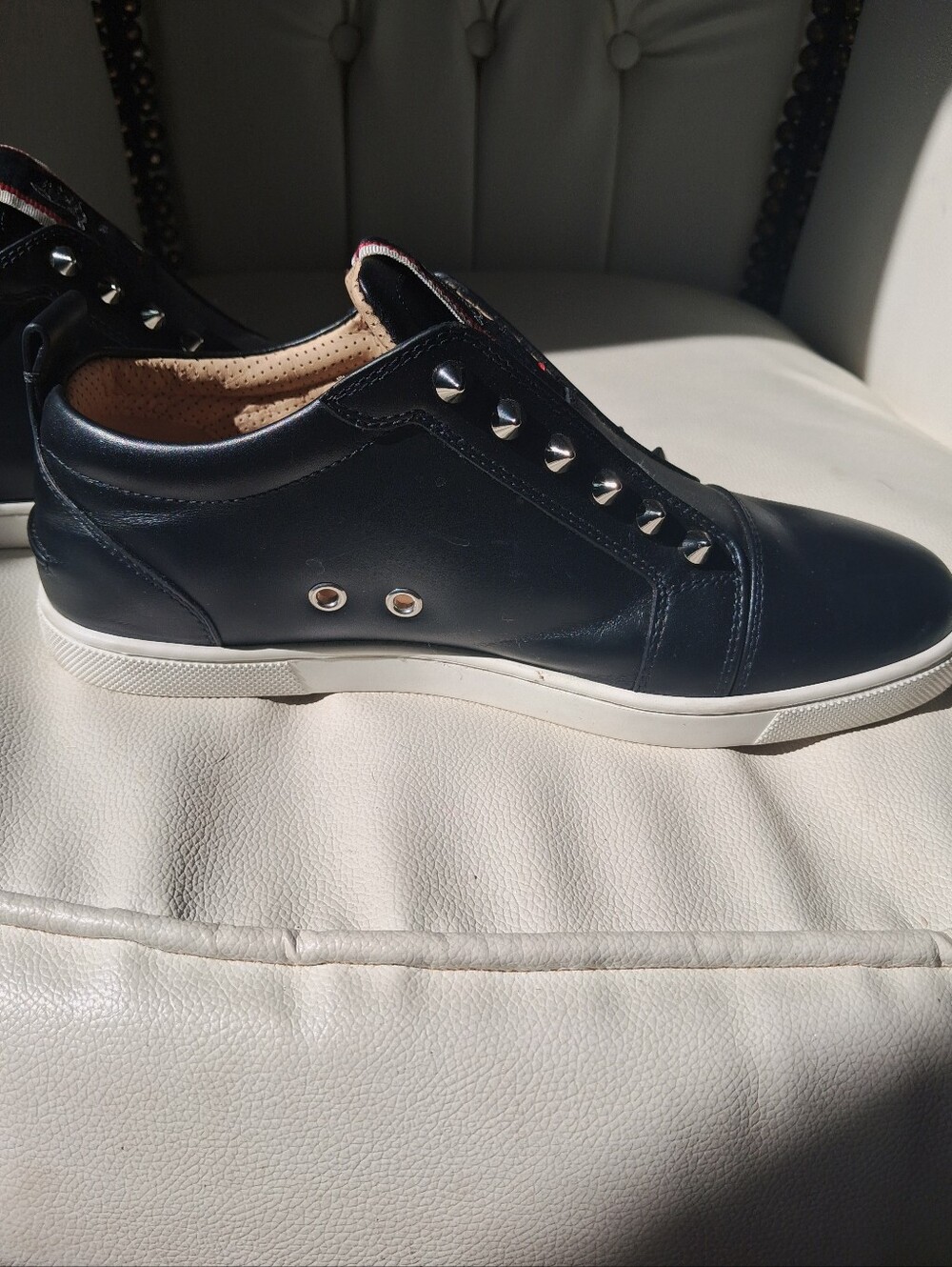 Christian Louboutin Black Leather Studded Slip-On Shoes - Picture 5 of 8
